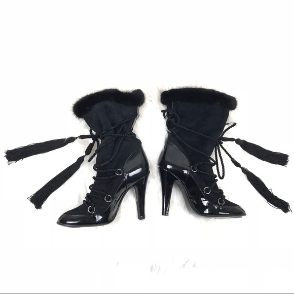 andrew gn Shoes Andrew Gn Black Heel Fur Booties Tassel